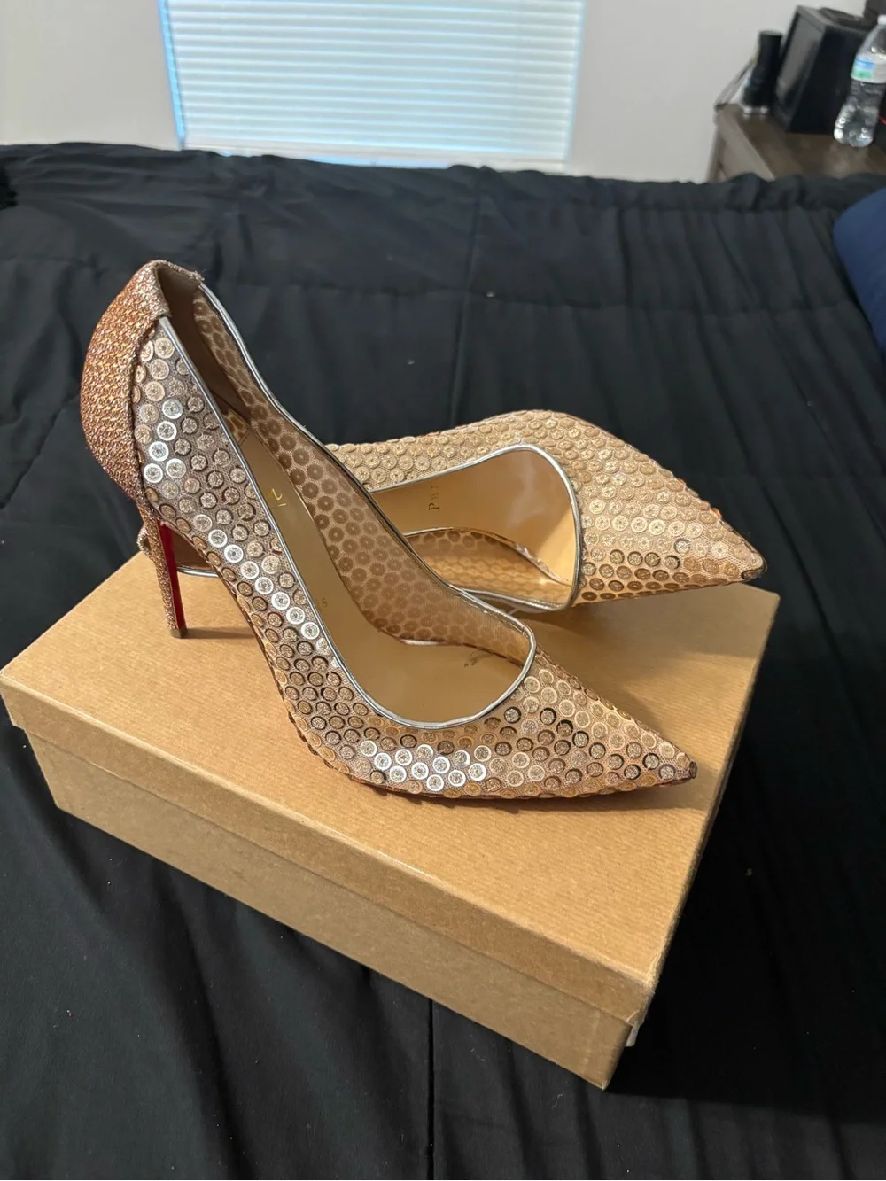 Christian Louboutin Gold Sequin Pointed Toe Stiletto Pumps